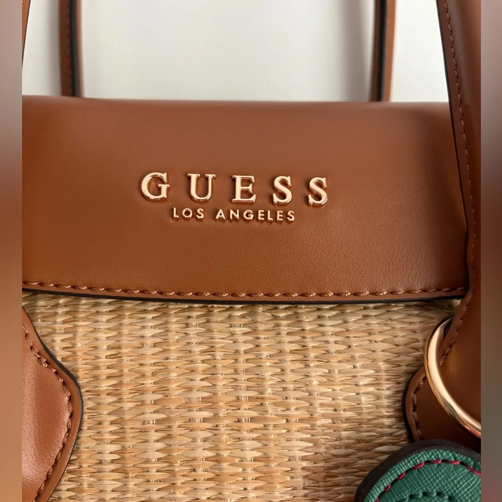 GUESS Tan Straw Purse Tote with Brown Trim and Strawberry Coin Purse Charm NWOT